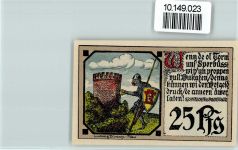 19395 O2864 Plau Künstlerkarte Notgeldschein Ritter mit Rüstung Schild Turm sign. Ludwig Düwahl