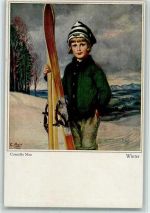 Kind mit Holzski - Winter - sehr gute Erhaltung AK Max, Corneille