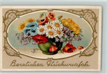 Glückwunsch - Mohnblumen, Margeriten AK Pflanzen 1913 Prägedruck