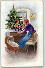 Geschmückter Weihnachtsbaum, Mutter und Kind, Puppenwagen, Vogelkäfig am Fenster AK Puppe 1934 Gebrauchsspuren