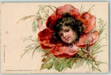 Kunstverlag Dotzert Nr. 143 - Mohnblume mit Kindergesicht Blüte mit Menschengesicht 1900 Lithographie