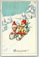 Neujahr - Verlag BKW Serie 3253-6 - Rodelpartie AK Schlitten 1936 Gebrauchsspuren