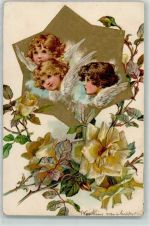Prägedruck Engelsköpfe Litho Rose Gebrauchsspuren