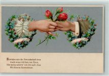 Hände reichen sich - Vergissmeinnicht und Rosen, Spruch AK Poesie Prägedruck