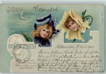 Gruss aus Gute Nacht Jugendstil Blüte mit Menschengesicht 1901 Lithographie