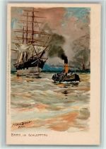 Bark im Schlepptau, Segelschiff, Dampfpinasse - Ottmar Zieher 2186 gute Erhaltung Diemer, Z. Lithographie / Künstlerkarte