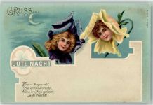 Gute Nacht Gruss aus Spruch E.B.C.i.B. Nr.5079 Blüte mit Menschengesicht Lithographie