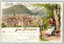 99894 O5804 Friedrichroda 1898 Lithographie Mädchen in Tracht vor Stadtpanorama
