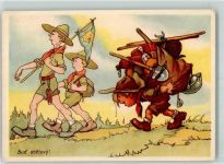 Karikatur Pfadfinder Lithographie / Künstlerkarte