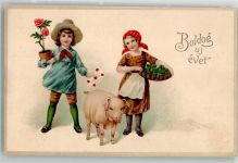 Neujahr Kinder Klee Korb Blumen M.S. i.B. 1020 Schwein Prägedruck