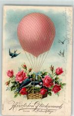 Geburtstag Schwalben im Korb mit Rosen Glückwunsch Ballon 1907 Prägedruck