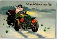 Neujahr Engel am Steuer Verlag EAS Glückwunsch Auto 1909 Gebrauchsspuren