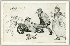 sign. Ernst Gustav Dackel Schubkarre Frau Trinker Künstlerkarte