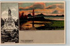 65385 W6220 Rüdesheim am Rhein Lithographie Niederwald- Denkmal Abend am Rhein Webung Tee-Messmer