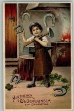 Namenstag Amboss Hammer Hufeisen Schmied 1913 Prägedruck