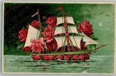 Segelboot aus Rosenblüten Blütenbild 1910 Prägedruck