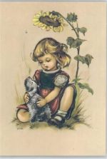 Mädchen mit einer sonnenblume und einem Hund Hilde (Künstler) Künstlerkarte