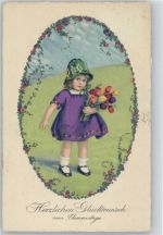 Ovales Bild mit einer Girlande umrahmt, Mädchen mit Tulpen Namenstag 1928