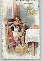 BKW Serie 741-1 Hausmütterchen, Mädchen beim Nähen Feiertag, K. Künstlerkarte