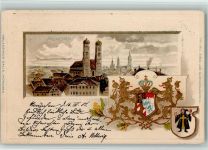 W8000 München Frauenkirche Münchner Kindl Lithographie/Prägedruck Wappen 1901 Gebrauchsspuren