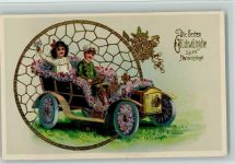 Namenstag - Kinder im Blütenauto Glückwunsch Auto 1908 Prägedruck