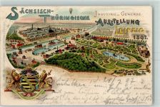O7000 Leipzig Lithographie Wappen Ballon + Ausstellungsstempel 24.7.97 Gewerbeausstellung 1897 Gebrauchsspuren