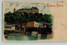 O6600 Greiz Gruss aus Lithographie Oberes Schloss AK HGL, Verlag Meteor 1899 Karte beschädigt