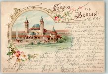 10115 O1193 Treptow 1896 Lithographie Gewerbe-Ausstellung 1896 Hauptausstellungs-Gebäude Springbrunnen Vorläufer