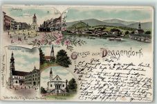 94469 W8360 Deggendorf 1897 Gebrauchsspuren Stadtplatz Gnadenkirche mit Kloster Geyersberg-Kirche Pfarrkirche Lithographie