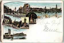 94315 W8440 Straubing 1898 Gebrauchsspuren Stadtplatz Kriegerdenkmal Kirche St. Peter Bogenberg Lithographie