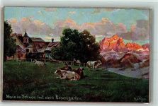 39100 Bozen Bolzano Künstlerkarte Maria im Schnee Rosengarten Kühe sign. R. A. Höger