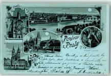 Prag Praha Prager Altstadt Teynkirche Karlsbrücke mit jüdischem Friedhof Jüdischer Friedhof 1899 Lithographie / Mondschein