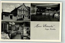 59755 W5760 Neheim-Hüsten Foto AK Haus Wernecke Gasthaus Saal Kronleuchter Auto