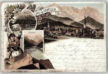 82467 W8100 Garmisch 1896 Lithographie Badesee Rissersee Tracht