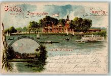 10115 O1193 Treptow 1900 Lithographie Gasthaus Altes Eierhäuschen Inh W. Andree Forsthaus Boote