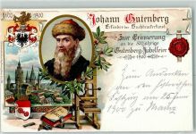W6500 Mainz a Rhein Erinnerung 500jährige Jubelfeier 1900 Wappen Buchpresse Gutenberg Lithographie