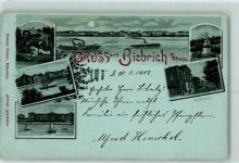 56370 W5429 Biebrich Lithographie / Mondschein Gruss aus Rathaus Kriegerdenkmal Ottmar Zieher