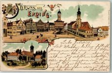 85435 W8058 Erding 1898 Gebrauchsspuren Marktplatz Heiligblut Wappen Lithographie