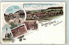 99894 O5801 Engelsbach Lithographie Gasthaus zum Paradies Gasthaus zur guten Quelle Kandelaber Paradies Steine Gruss Blumen