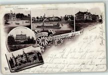 82319 W8130 Starnberg 1896 Lithographie Ruder Club Haus Raddampfer Feldafing Leoni Blumen Ruderboot Kirche Fahne