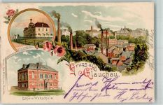 08371 O9610 Glauchau 1899 Lithographie Höhere Webschule Waisenhaus Fabriken