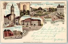 15517 O1240 Fürstenwalde , Spree 1899 Gebrauchsspuren Kirchstraße Dom Bullen Turm Denkmals Kaiserplatz Städtisches Gymnasium Kaserne Gruss Blumen Lithographie