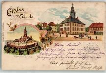 99625 O5234 Kölleda 1906 Lithographie Kyffhäuser-Denkmal Rathaus