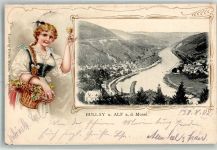 56859 W5584 Alf 1902 Prägedruck Moselverlauf Bullay Volkstracht Junge Frau Weinrebenkorb Passepartout