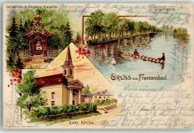 Frantiskovy Lazne Franzensbad Lithographie Loimann`s Anlagen Kapelle Stadtteich Kath. Kirche Ruderboot