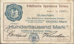W4060 Dülken Gutschein der Sparkasse Dülken von 1923 über Hunderttausend Mark Sparkasse KEINE AK
