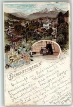 83471 W8240 Berchtesgaden Lithographie Watzmann Gruss Blumen Einfahrt Ferdinandberg Kirche