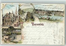 64100 Bayonne 1897 Gebrauchsspuren La Cathedrale Le Pas de Roland La Porte D'Espagne Postkutsche Lithographie
