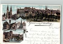 90402 W8500 Nürnberg 1898 Lithographie Lorenzkirche Dürerhaus Bratwurstglöcklein Henkersteg Schöner Brunnen