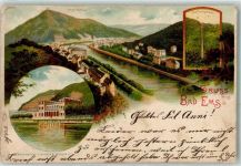56130 W5427 Bad Ems 1905 Lithographie Panorama Kurhaus Malbergbahn Gruss